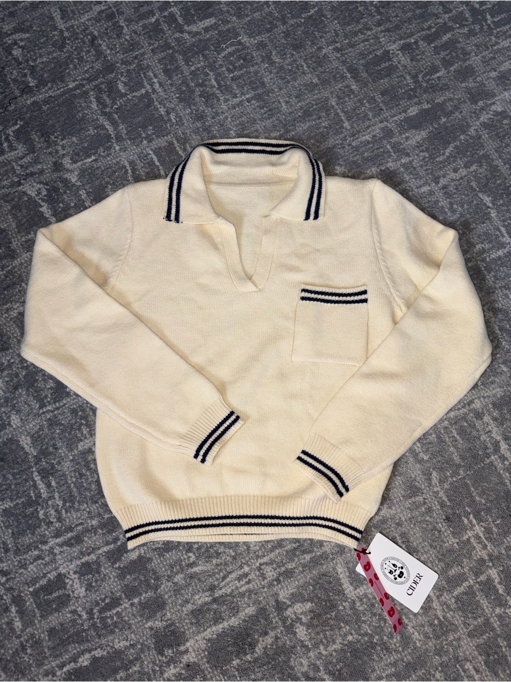Cider Cream V-Neck Sweater with Navy Trim